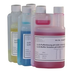 pH buffer solutions with colour coding in twin-neck dispensing bottles LLG-Labware