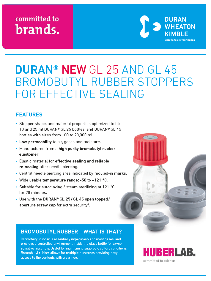 Produktflyer DURAN NEW GL 25 and GL 45 Bromobutyl Rubber Stoppers